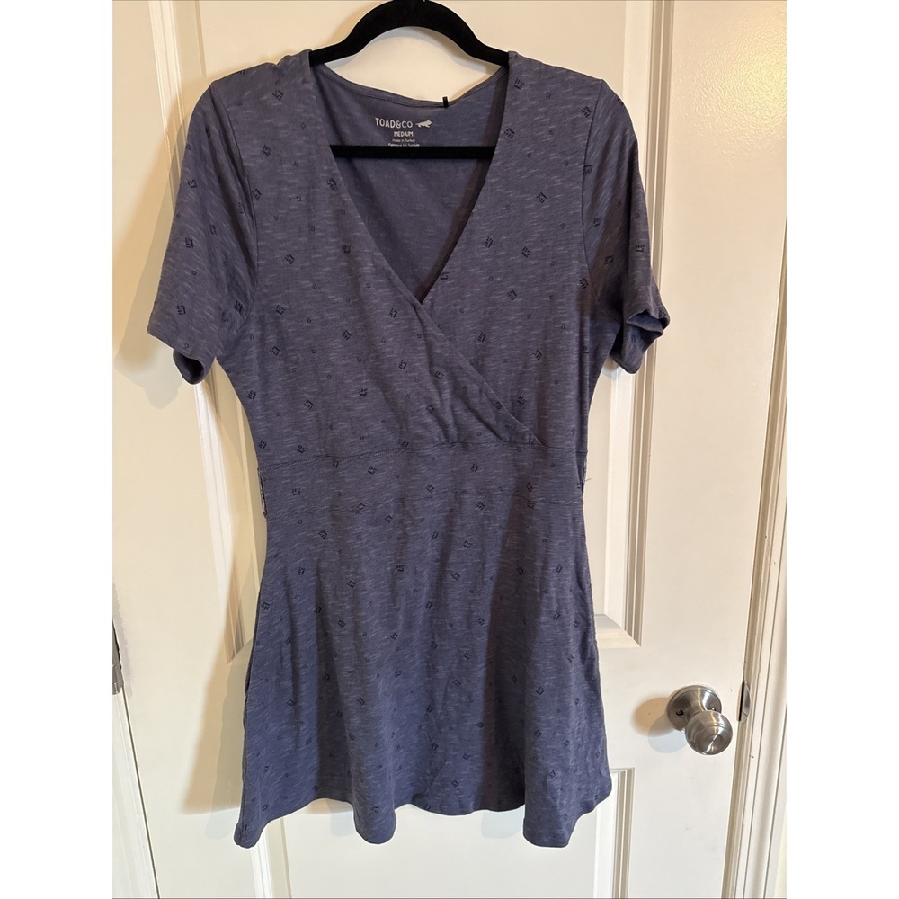 Toad&Co Cue Wrap Short Sleeve Organic Cotton Dress Blue Pattern Medium - Picture 1 of 5